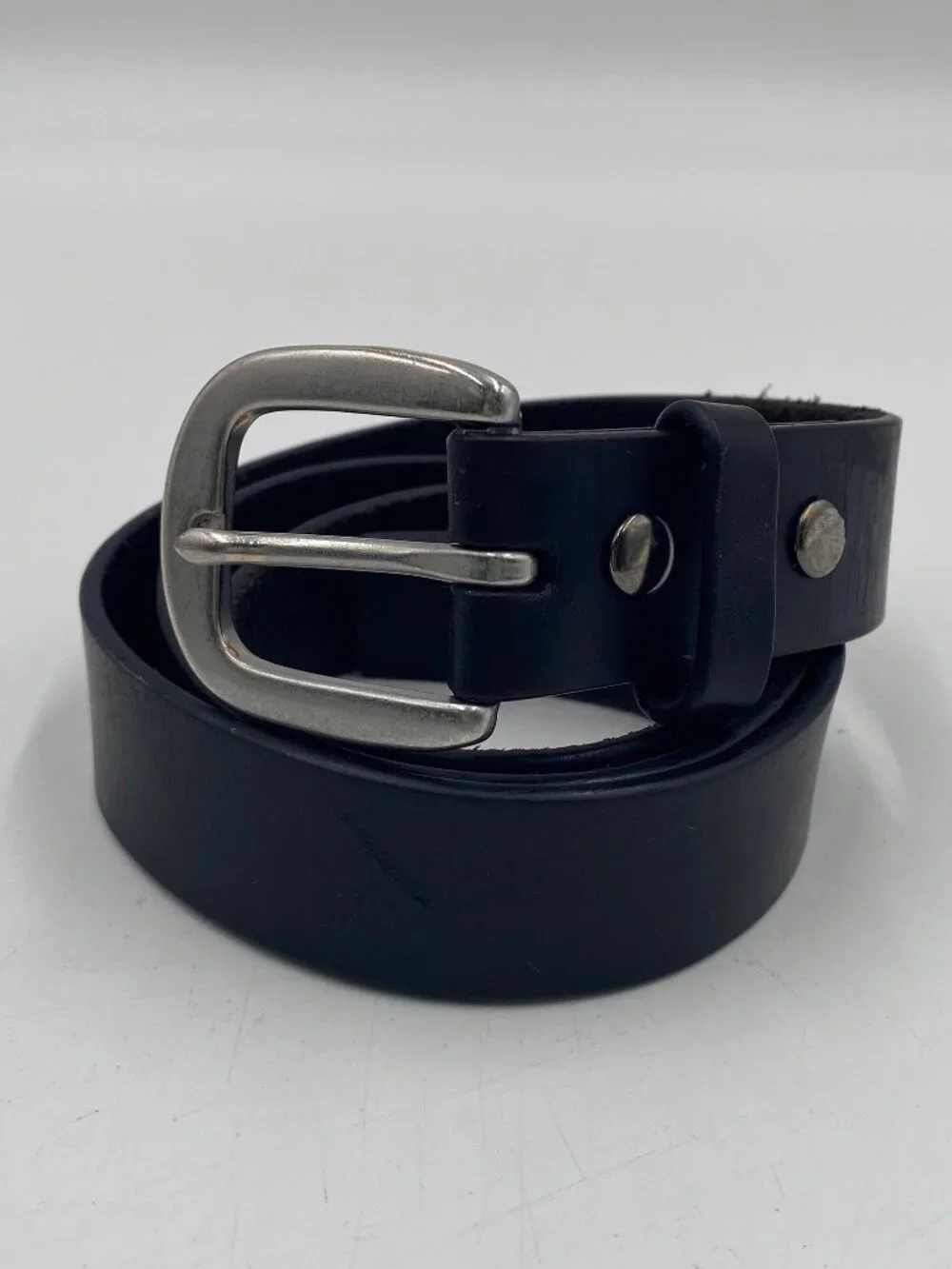 Lands' End Black Leather Dress Belt Mens Size 34/36 Silver Buckle 1 1/8